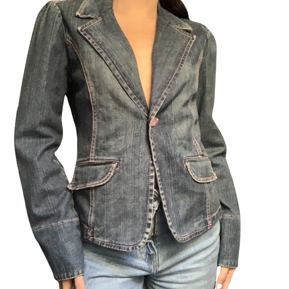 Hot Kiss Women's Collar Navy and Pink Denim Jean Button Jacket Size Large